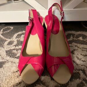 Cato Pink Patent Leather Cork Wedge Slingback Sandals Sz 9